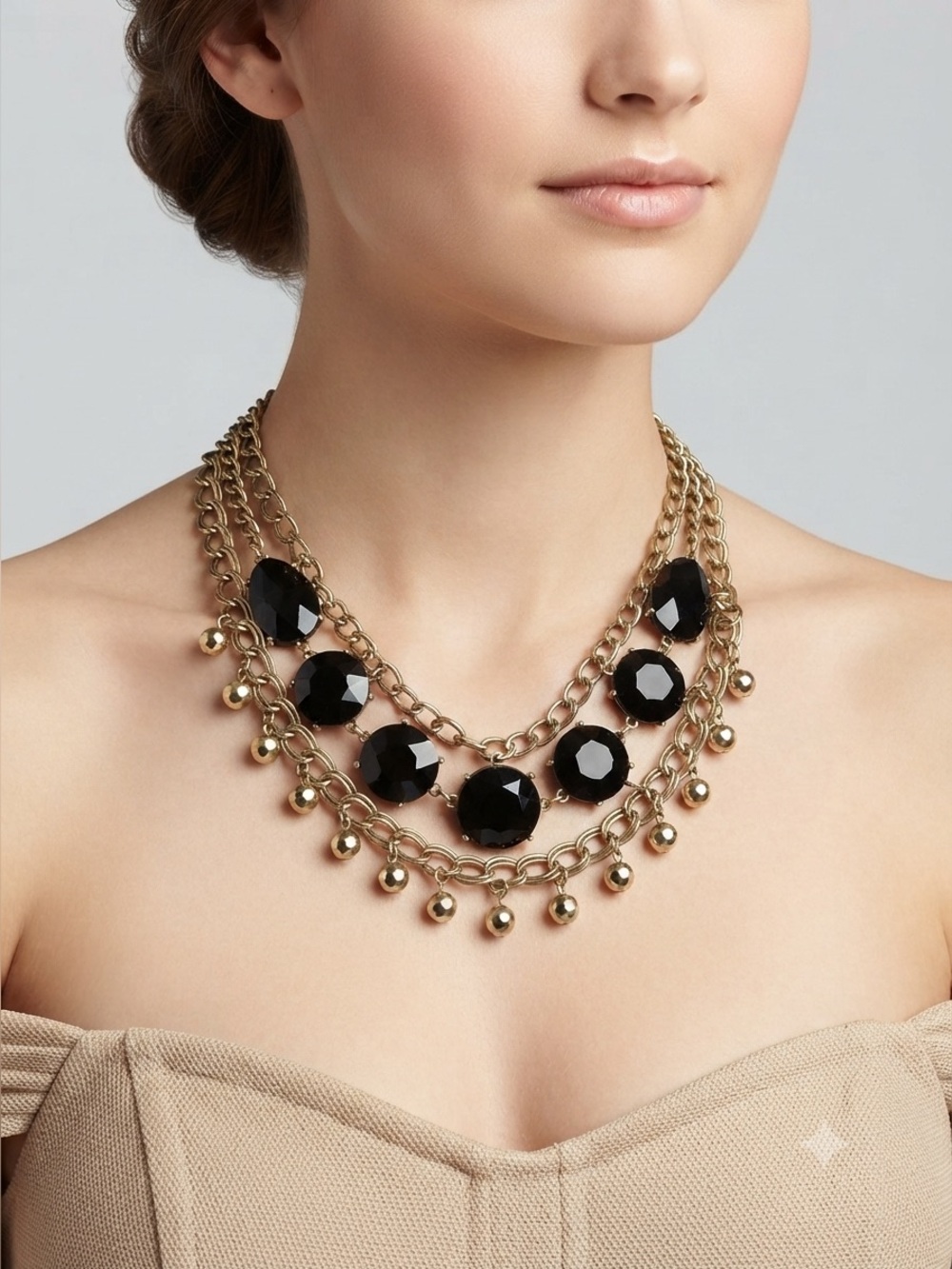 Chunky Multi-Strand Necklace | Gold Chain Black Stone Statement